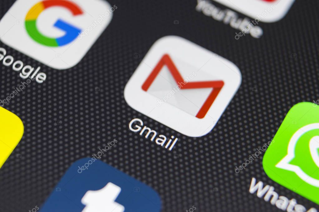 Sankt-Petersburg, Russia, January 24, 2018: Google Gmail application icon on Apple iPhone 8 smartphone screen close-up. Gmail app icon. Gmail is the most popular Internet online e-mail service