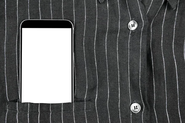 Closeup confident business man wearing elegant suit and mobile phone, smartphone with white screen and empty space at pocket