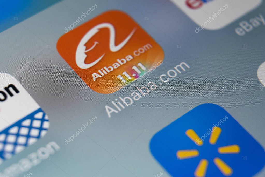 Sankt-Petersburg, Russia, February 2, 2018: Alibaba application icon on Apple iPhone X smartphone screen close-up. Alibaba app icon. Alibaba.com is popular e-commerce application.