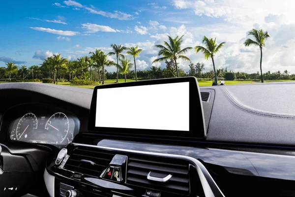 Monitor in car with isolated blank screen use for navigation maps and GPS. Isolated on white with clipping path. Car detailing. Car display with blank screen. Modern car interior details. Mock up