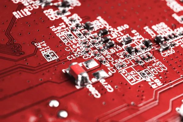 Μακρο πλάνο του Circuit board με αντιστάσεις μικροτσίπ και ηλεκτρονικά εξαρτήματα. Τεχνολογία υλικού υπολογιστών. Ολοκληρωμένος επεξεργαστής επικοινωνίας. Μηχανική πληροφοριών. Ημιαγωγός. PCB. Κλείσιμο — Φωτογραφία Αρχείου