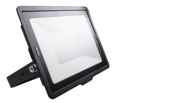 Sahne ışıkları beyaz arka planda izole edilmiş. Öncü teknolojiler. Arka planı deşifre eder. Önde el feneri. 