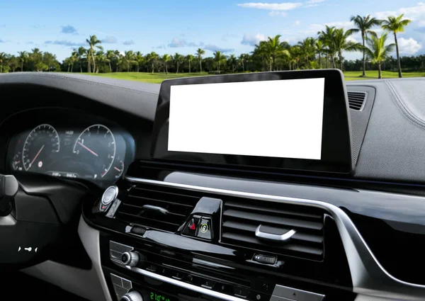 Monitor in car with isolated blank screen use for navigation mapMonitor in car with isolated blank screen use for navigation maps and GPS. Isolated on white with clipping path. Car detailing. Car display with blank screen. Modern car interior details