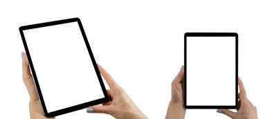 Beyaz arka planda, kadının el yapımı tablet bilgisayarı. Boş beyaz ekranlı tablet dizüstü bilgisayar modeli. Metin için boş alan. Uzayı kopyala İzole edilmiş beyaz ekran. Kesme yolu