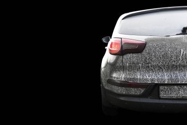 Siyah arka planda izole edilmiş çok kirli bir arabanın arka görüntüsü. Kirli bir cipin parçası. Kirli farlar, yan panelinde bataklık lekeleri olan off-road arabasının tekerleği ve tamponu.