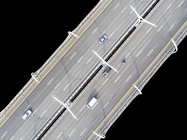 Aerial View Highway City Isolated Black Background Cars Crossing Interchange — Stock Photo, Image