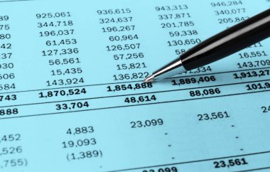 Finansal konsept. Finansal belgelerde hesap makinesi, kalem ve gözlük. Finansal muhasebe. Denge kağıtları. Finansal açıklamaların ve yıllık raporların kapatılması. İş pazarlaması