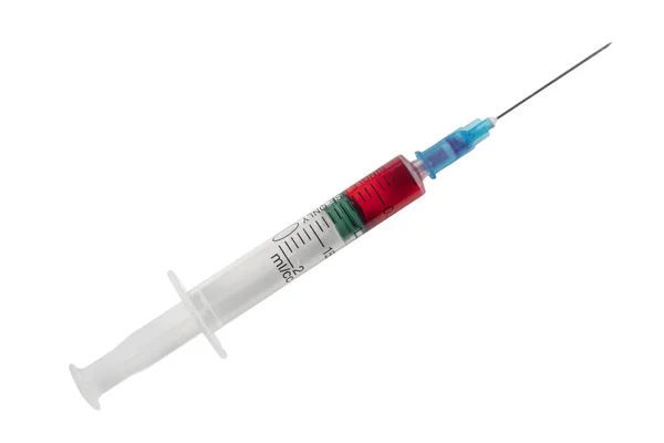 Fecskendő Közeli Elszigetelt Fehér Háttérrel Vakcina Műanyag Injekciós Fecskendőben Orvosi — Stock Fotó