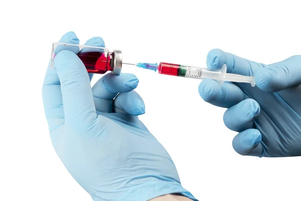 Medicinsk Vaccinationsutrustning Med Spruta Och Ampull Läkare Eller Sjuksköterska Hand — Stockfoto