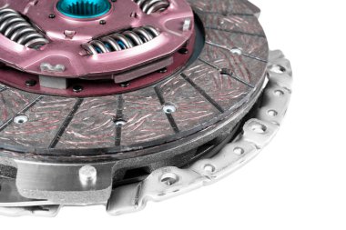 Araba tamir kiti manuel vites kutusu beyaz arka planda izole edildi. Araba ve kamyon debriyaj diski. Spor debriyajı. Bileşik debriyaj diski. Debriyaj takımı. Araç bakım yedek parçaları