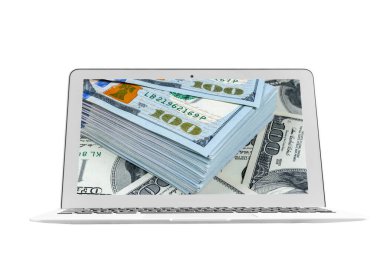 İnternetten para kazan. İnternet üzerinden kâr elde etme konsepti. Paralı dizüstü bilgisayar. Çevrimiçi para kazanmak. Çevrimiçi iş kurmak için dizüstü bilgisayar kullanmak