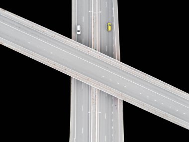Şehirdeki otobanın hava görüntüsü siyah arka planda izole edilmiş. Arabalar üst geçitten geçiyor. Otoyol trafiği ile kesişir. Yol ayrımları. Araba geçiyor. Yol kapalı. Hareket halindeki arabalar