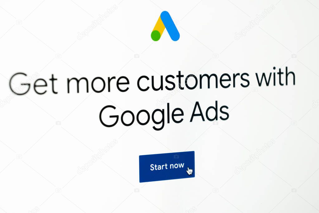 Sankt-Petersburg, Russia, May 11, 2020: Google Ads AdWords application icon on Apple iMac monitor screen close-up. Google Ad Words icon. Google ads Adwords application. Social media network