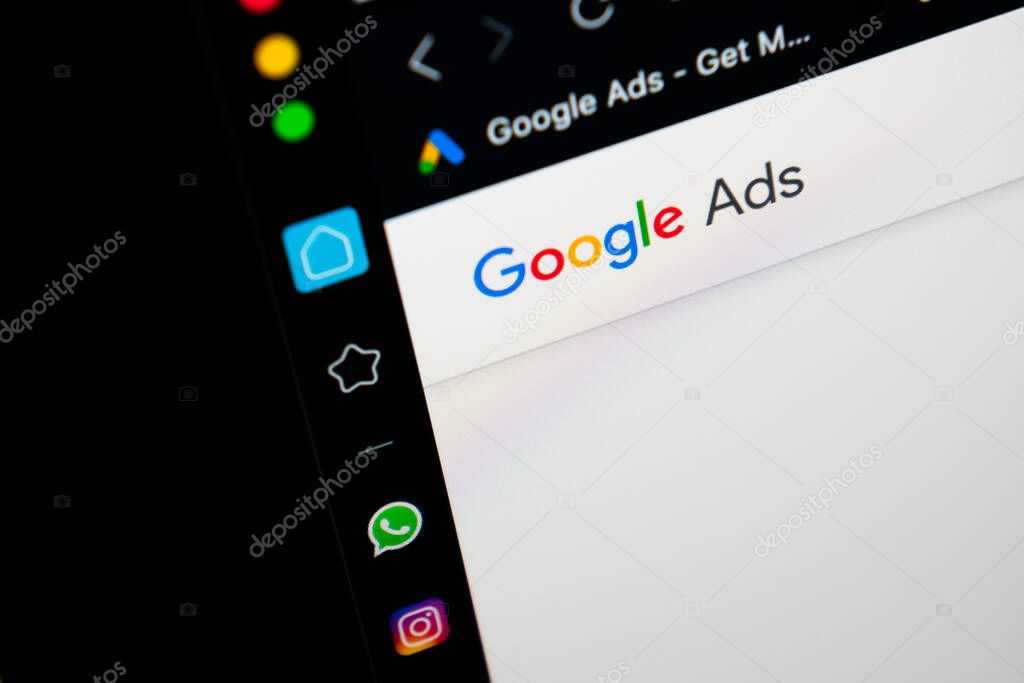 Sankt-Petersburg, Russia, May 11, 2020: Google Ads AdWords application icon on Apple iMac monitor screen close-up. Google Ad Words icon. Google ads Adwords application. Social media network