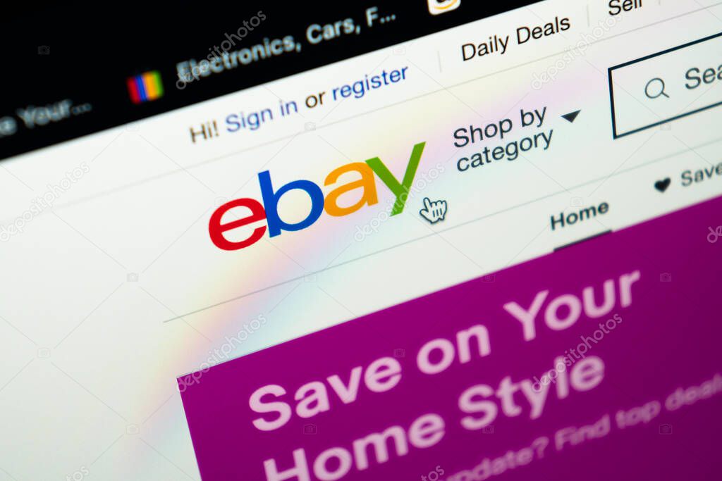 Sankt-Petersburg, Russia, May 11, 2020: eBay application icon on Apple iMac screen close-up. eBay app icon. eBay.com is largest online auction and shopping websites.