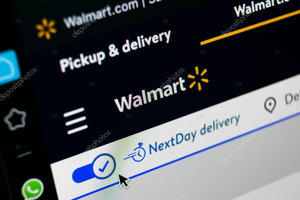 Sankt-Petersburg, Russia, May 11, 2020: Walmart application homepage on Apple iMac screen close-up. Walmart app icon. Walmart.com is multinational retailing corporatio