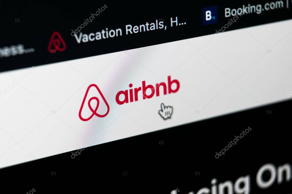 Sankt-Petersburg, Russia, May 11, 2020: Airbnb application homepage on Apple iMac screen close-up. Airbnb app icon. Airbnb.com is online website for booking rooms.