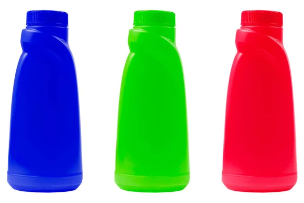 Tre Bottiglie Multicolore Plastica Detergente Detergente Iisolate Fondo Bianco Bottiglia — Foto Stock