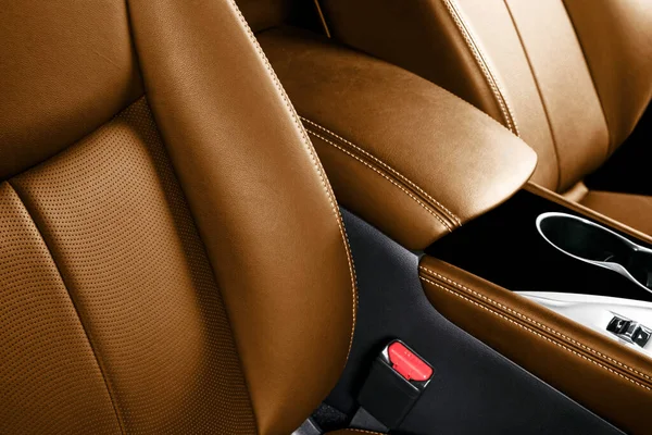 Interior Cuero Marrón Coche Lujo Parte Los Detalles Del Asiento — Foto de Stock