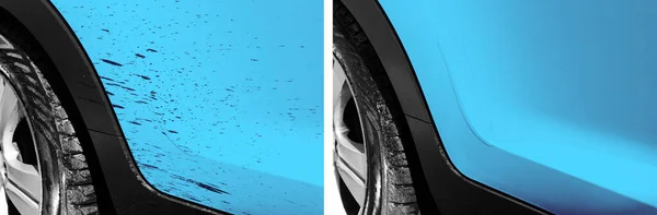 Washing car bitumen stain. Car wash service before and after washing. Cleaning maintenance. Half divided picture. Before and after effect. Washing blue vehicle at station. Car washing concept.