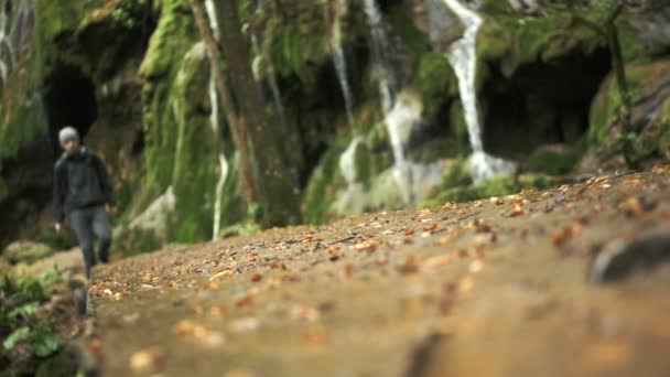 Primer plano de los pies caminando sobre un puente de madera hacia la cámara en cámara lenta — Vídeos de Stock