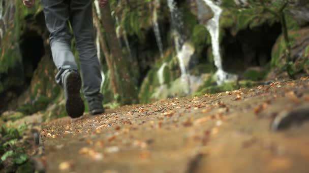 Nahaufnahme von Füßen, die in Zeitlupe auf Holzbrücke in Richtung Wasserfall gehen — Stockvideo
