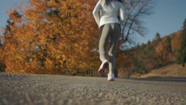 Γυναίκα γυμναστήριο πόδια δρομέας τρέχει στο δρόμο. Φθινοπωρινό τοπίο . — Αρχείο Βίντεο