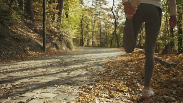 Junge Fitness-Läuferin streckt Beine vor dem Lauf — Stockvideo