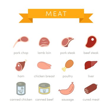 meat icons in flat style clipart