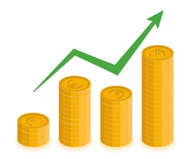Euro büyüme kavramı. Vektör yığınları ile ok artan paralar