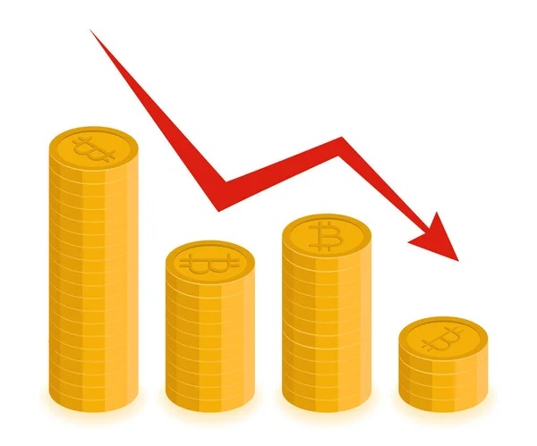 Bitcoin Depreciation Concept Vector Stacks Coins Decreasing Arrow — Stock Vector