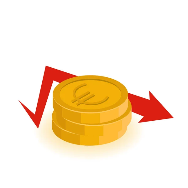Concepto Depreciación Del Euro Montones Vectores Monedas Con Flecha Decreciente — Vector de stock
