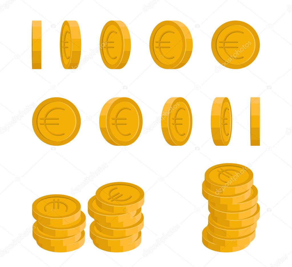 Vector icons of Euro coin at different angles. Concept of a rotating coin.