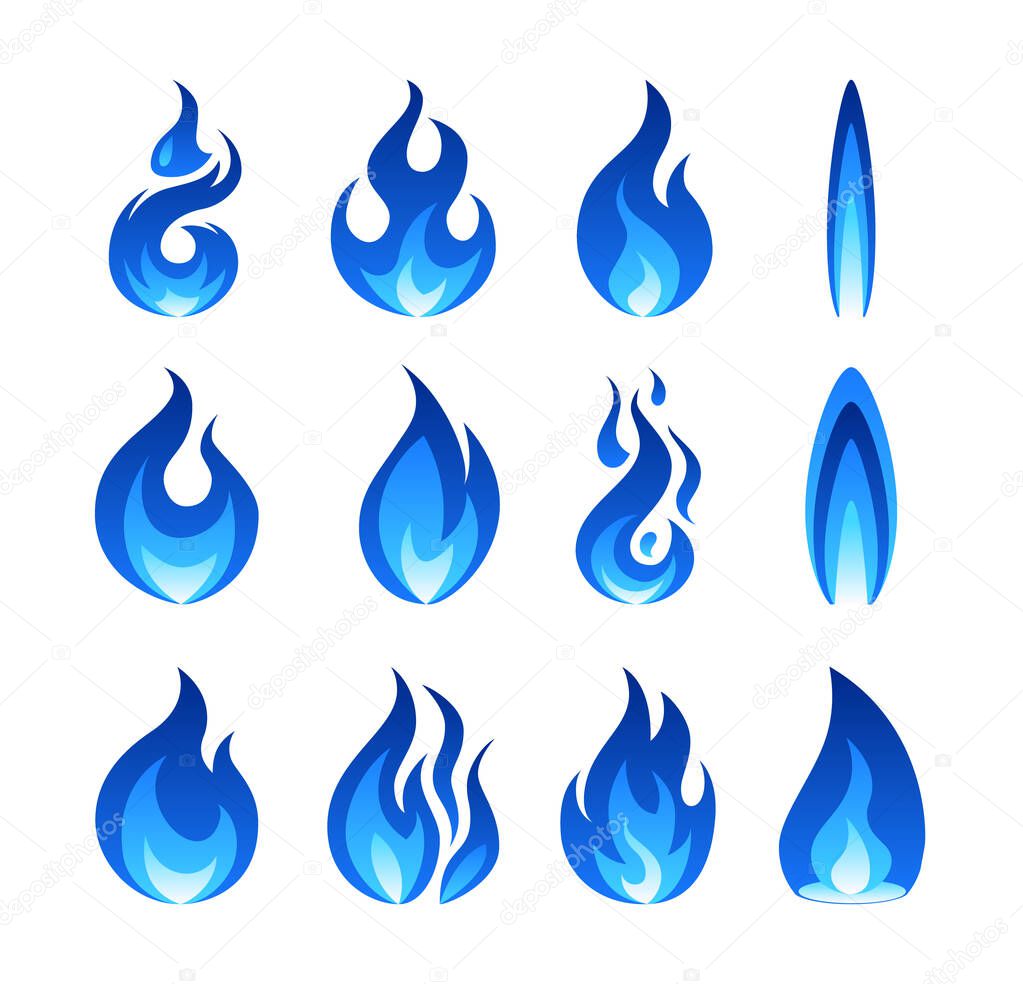 Gas flame icon. Blue fire pictogram set Vector illustration isolated on a white background in flat style.