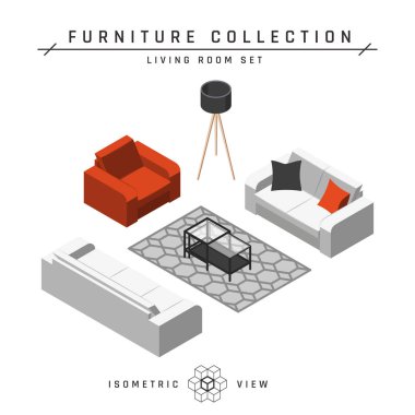 Isometric kanepe, düz stil simgeler seti