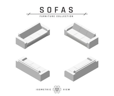 Isometric kanepe, düz stil simgeler seti