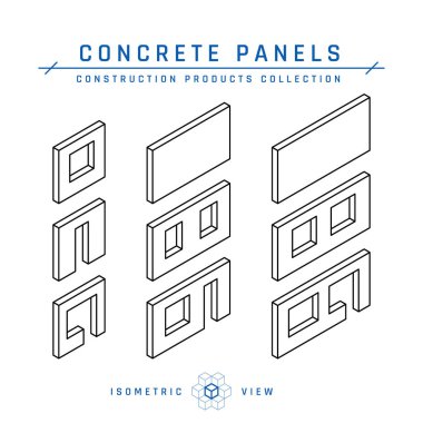 Beton panel simgeleri. Modüler binalar için eski beton duvar blokları. Vektör illüstrasyonu doğrusal biçimde beyaz bir arkaplanda izole edildi.