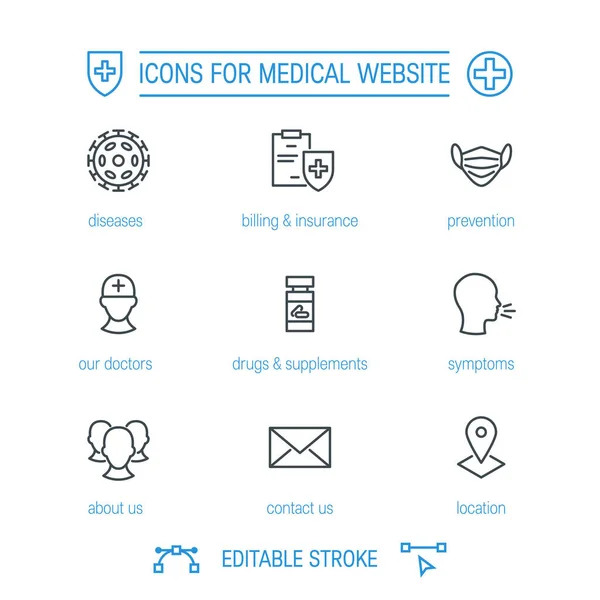 Iconos Médicos Para Sitios Web Salud Pictogramas Línea Simple Con — Vector de stock