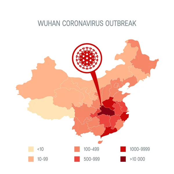 コロナウイルス発生の概念 武漢2019 Ncvの普及 医療デザインのための平らなスタイルで中国のベクトルマップ インフォグラフィック — ストックベクタ