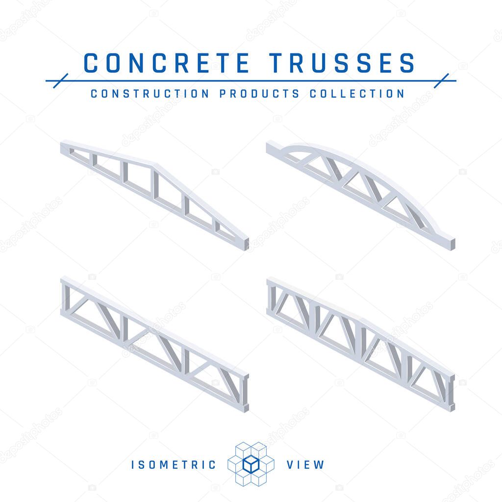 Concrete trusses, isometric view. Set of icons for architectural designs. Vector illustration isolated on a white background in flat style. Construction products collection.