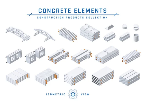 Concrete Elements Set Precast Cement Items Modular Buildings Isometric View — Stock Vector