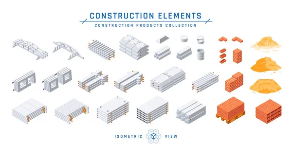 Concrete Construction Elements Set Precast Cement Items Modular Buildings Isometric — Stock Vector