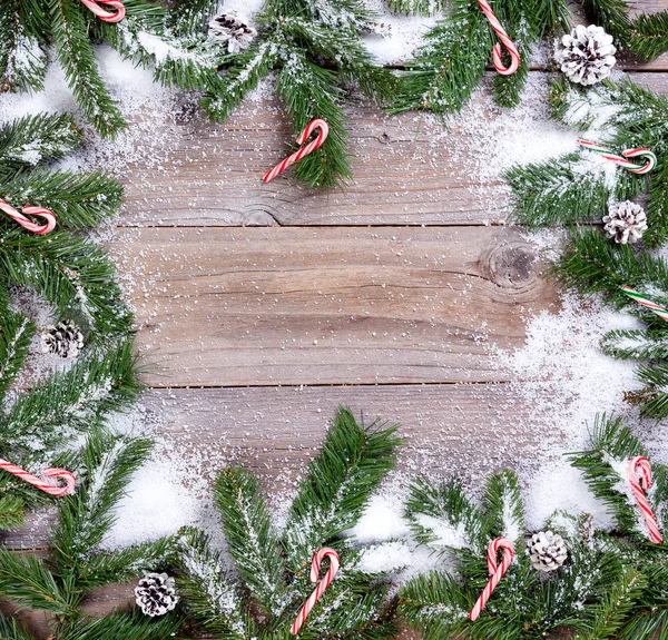 Snow covered fir branches and candy canes on rustic wooden board — Stock Photo, Image
