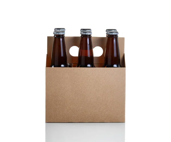 Six pack of bottled beer in generic brown cardboard carrier on w — Stock Photo, Image
