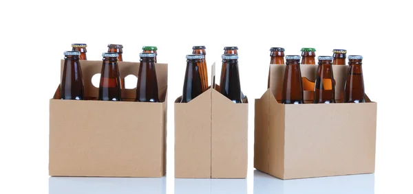 Šest balení skla lahvové pivo v obecné hnědé kartonové carri — Stock fotografie
