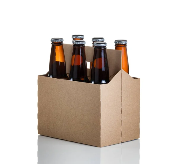 Šest balení skla lahvové pivo v obecné hnědé kartonové carrie — Stock fotografie