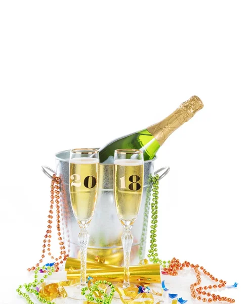 2018 Happy New Year Celebration with Champagne isolated on white — Stock Photo, Image