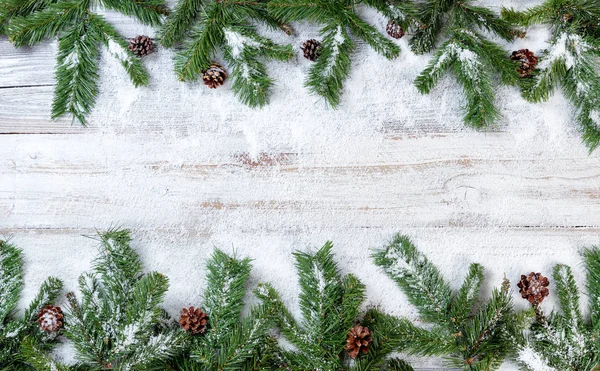 Rami di Natale innevati su sfondo rustico bianco in legno — Foto Stock