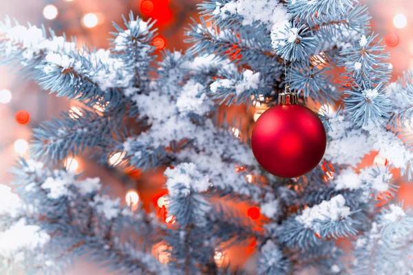 Neve coberto árvore de Natal com pendurado ornamento vermelho no vintage — Fotografia de Stock