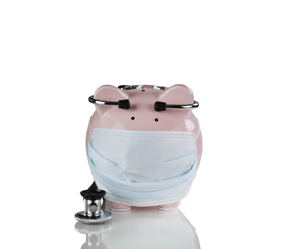 Piggy Bank Medical Mask Stethoscope Financial Crisis Concept Isolated White — Stock Photo, Image